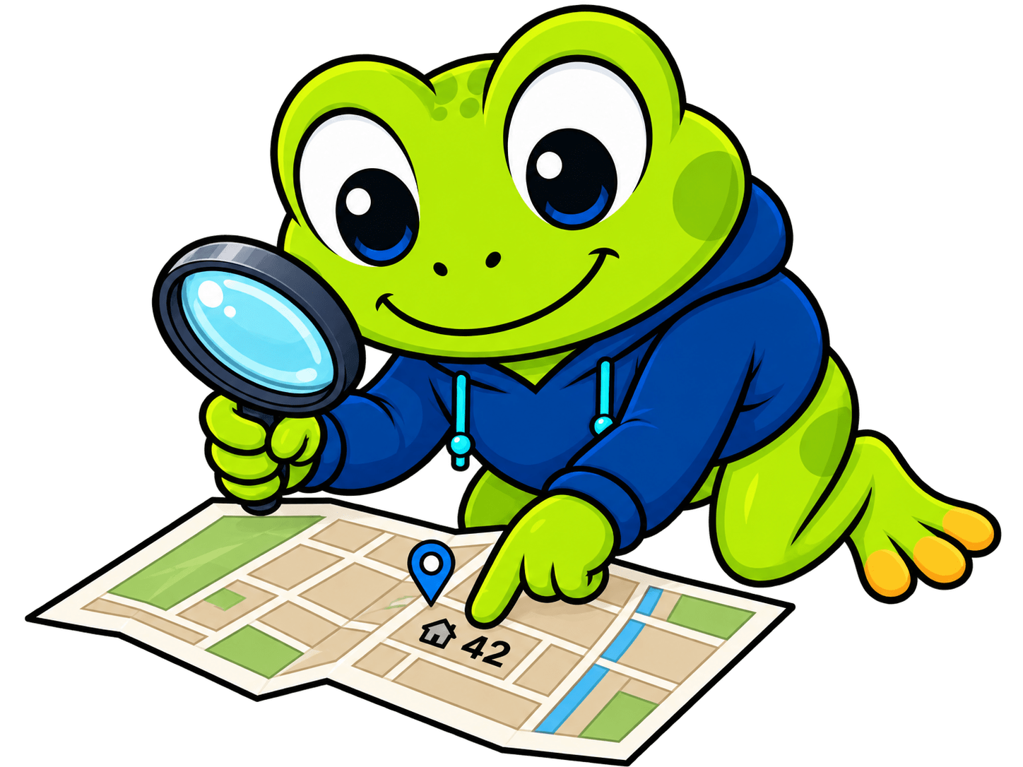Mascotte Hopy che cerca un indirizzo sulla mappa